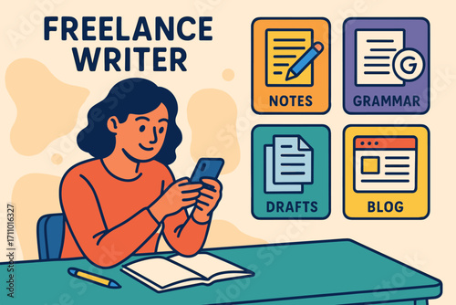 Freelance Writer's Toolkit. Colorful scene of freelance writer typing on phone and writing tools icon set for notes, grammar check