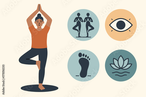 Tree Pose Balance. Flat vector illustration featuring instructor in tree pose and balance practice icon set for standing poses,