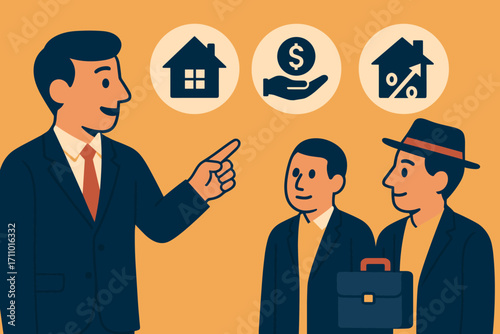 Real Estate Investment Guide. Stylized flat vector of advisor guiding real estate investor and property finance icon set for house