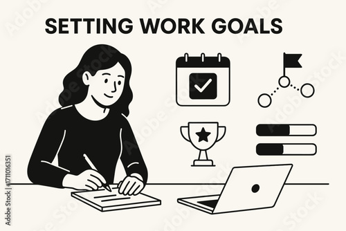 Goal Planning Journey. Horizontal vector artwork of woman setting work goals and goal planning icon set for calendar, milestones,