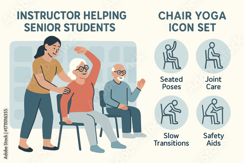 Chair Yoga Seniors. Illustrated banner of instructor helping senior students and chair yoga icon set for seated poses, joint care,