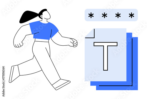 Person walking confidently towards secured files folder with encryption keys. Ideal for cybersecurity, personal data, digital privacy, file management, secure access, user experience, simple landing