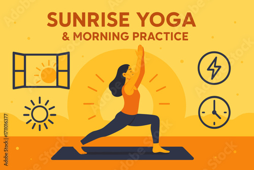 Sunrise Yoga Banner. Bright banner portraying woman leading sunrise yoga and morning practice icon set for sun, open windows,