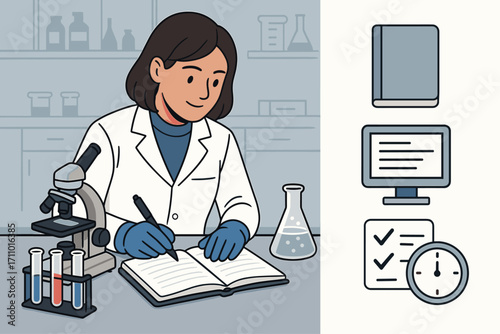 Laboratory Data Recording. Scene illustration showing lab technician recording results and documentation icon set for notebooks,