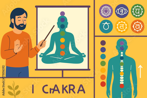 Chakra Alignment Guide. Colorful vector panel with instructor showing chakra chart and energy work icon set for chakra wheels,