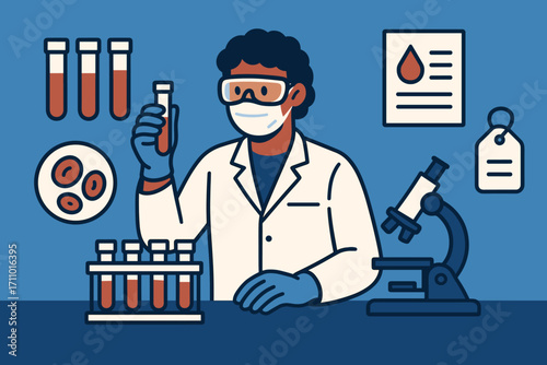 Lab Analysis Banner. Flat vector banner with lab worker analyzing blood samples and biomedical icon set for vials, blood cells,