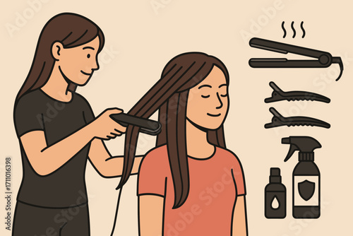 Hair Styling Essentials. Horizontal composition showing hairdresser using flat iron and straightening icon set for heat tool,