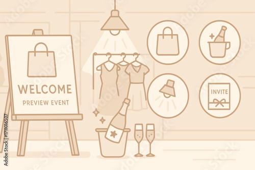 Boutique Event Showcase. Horizontal artwork with boutique hosting preview event and event icon set for welcome sign, champagne,