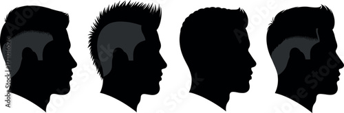 Male hairstyle silhouette set featuring modern haircuts, fades, mohawk, and side part styles for grooming, fashion, and barber references