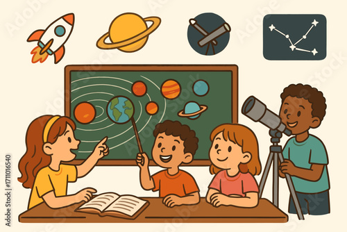 Space Exploration for Kids. Scene with children learning about planets and space icon set for rocket, Saturn, telescope and