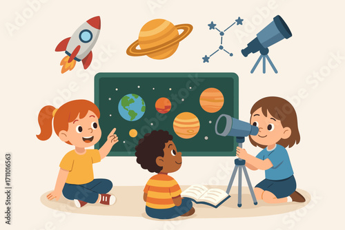 Space Exploration for Kids. Scene with children learning about planets and space icon set for rocket, Saturn, telescope and