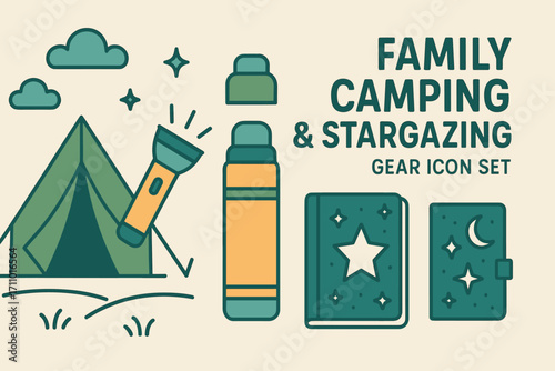 Camping and Stargazing Essentials. Vector banner featuring family camping and stargazing gear icon set for tent, flashlight,