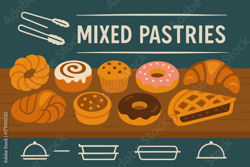 Pastry Buffet Display. Flat vector banner with table of mixed pastries and buffet icon set for tongs, tray icons, divider lines