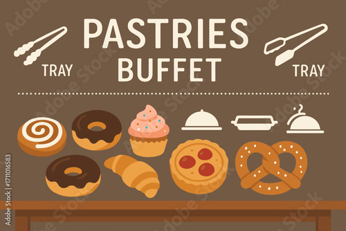 Pastry Buffet Display. Flat vector banner with table of mixed pastries and buffet icon set for tongs, tray icons, divider lines
