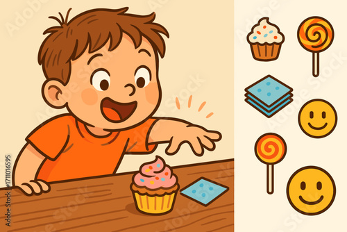 Child's Treat Temptation. Scene illustration showing child reaching for treat and kids’ sweets icon set for mini cakes, lollipops,