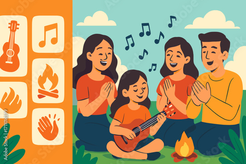 Family Musical Celebration. Bright banner portraying family clapping during ukulele song and music icon set for instrument, notes,