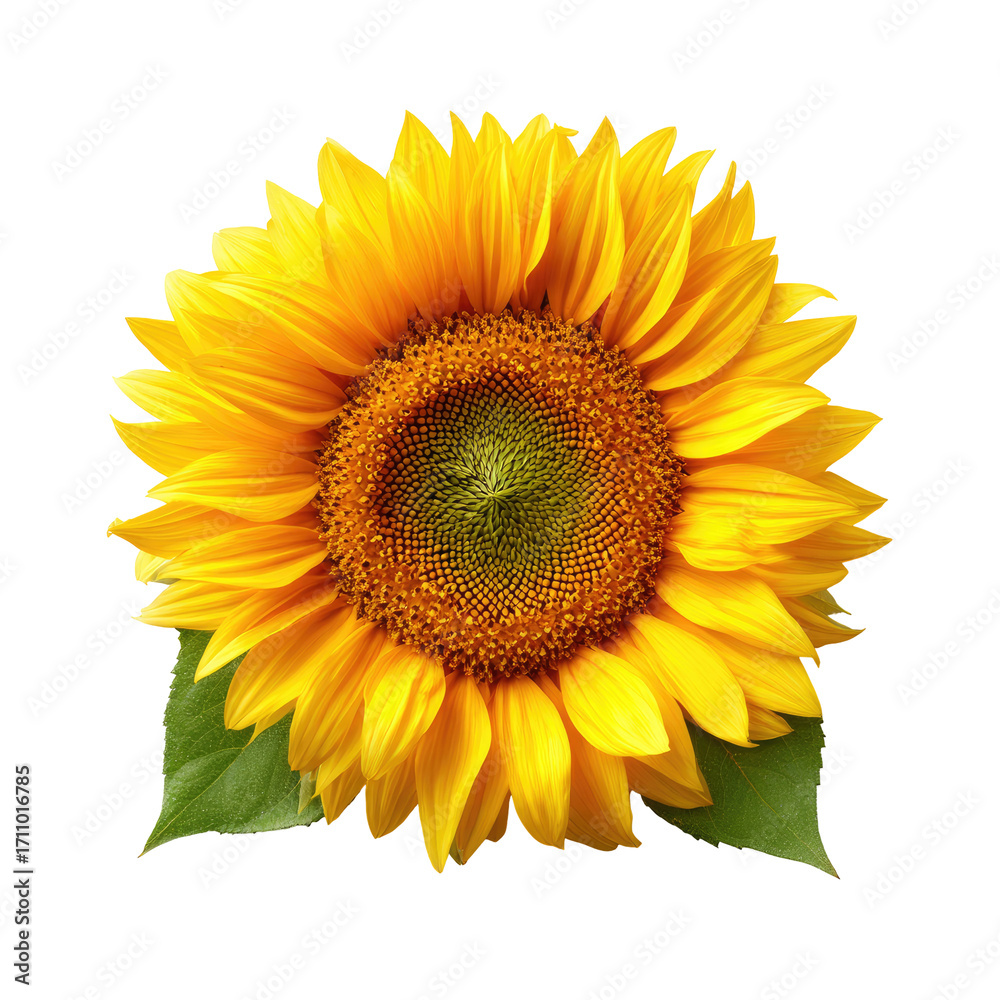 Fototapeta premium Close-up of a vibrant sunflower, centered on a black background. Bright yellow petals encircle a dark-green central disc. Two leaves flank the flower