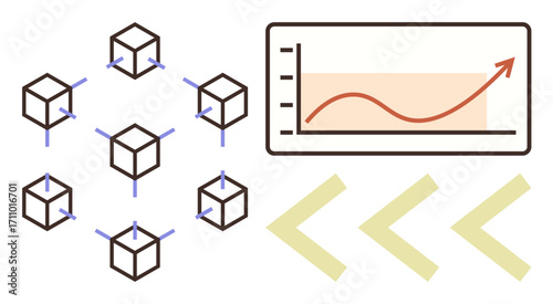 Connected cubes signify blockchain technology, with a line chart for upward data trend and yellow arrows for progress. Ideal for technology, growth, innovation, data, analytics, blockchain future. A