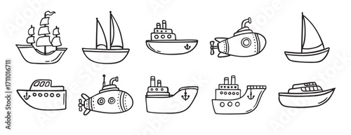 cute ship doodle hand drawn icon set. Outline drawing ships line clipart symbol collection
