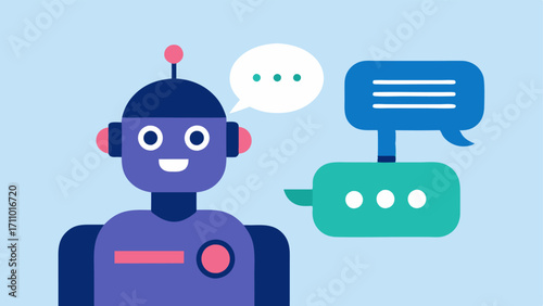 AI Companion for Social Engagement An illustration of a robot or digital assistant engaging in conversation with a person with social interaction challenges showing text bubbles