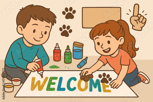 Creative Welcome Banner. Modern banner depicting kids making welcome sign and creativity icon set for glitter letters, paw symbols