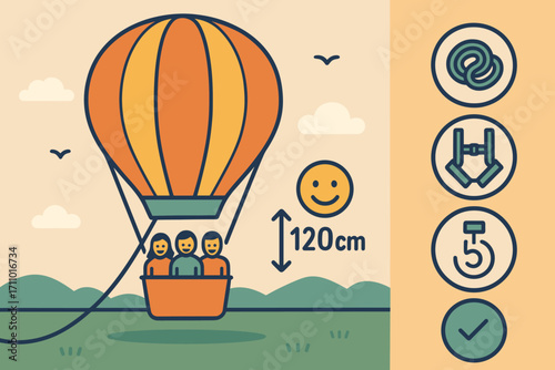 Tethered Balloon Adventure. Vector banner featuring tethered balloon ride and ride icon set for rope, harness, smile face, height