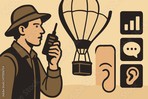 Balloon Communication Icons. Horizontal artwork with balloon crew using walkie-talkies and communication icon set for device,