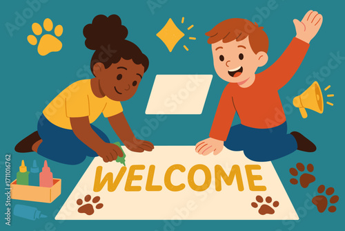 Creative Welcome Banner. Modern banner depicting kids making welcome sign and creativity icon set for glitter letters, paw symbols