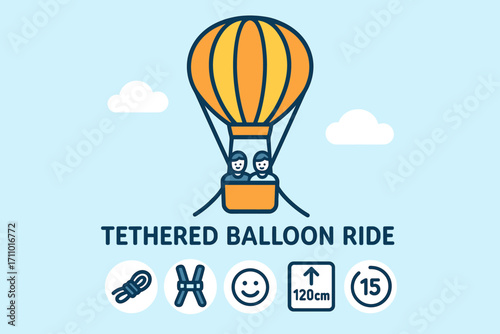 Tethered Balloon Adventure. Vector banner featuring tethered balloon ride and ride icon set for rope, harness, smile face, height