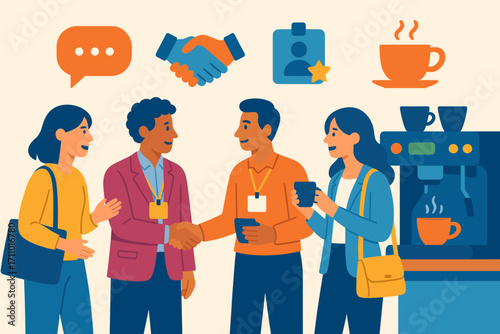 Networking Coffee Break. Colorful scene of people networking near espresso machine and community icon set for chat bubble,