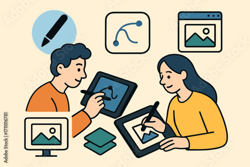 Digital Design Workspace. Creative vector layout with designers working on tablets and digital workspace icon set for stylus,