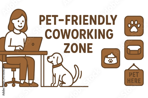 Pet-Friendly Workspace. Horizontal vector artwork of pet-friendly coworking zone and comfort icon set for paw print, bed, food