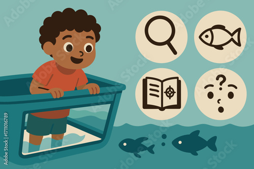 Child's Underwater Adventure. Vector banner featuring child in glass-bottom boat and discovery icon set for magnifying glass, fish