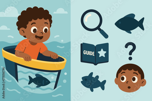 Child's Underwater Adventure. Vector banner featuring child in glass-bottom boat and discovery icon set for magnifying glass, fish