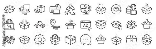 Box line icons. Settings gear, Message, Inflation icons. Package, delivery boxes, cargo box. Cargo distribution, export boxes, return parcel icons. Vector