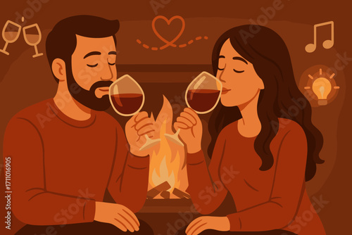 Romantic Fireplace Wine Moment. Scene banner with couple sipping wine near fire and romance icon set for clinking glasses, heart