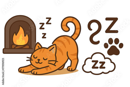Sleepy Cat Stretching. Vector strip showing sleepy cat stretching near fire and slow motion icon set for zzz icon, tail curl, paw