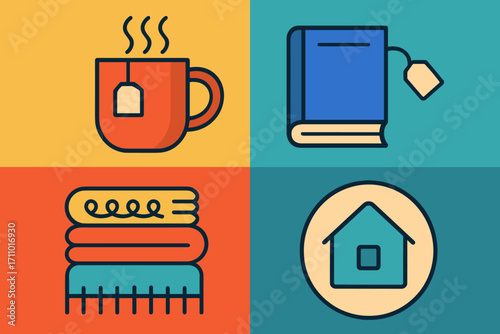 Cozy Home Essentials. Colorful vector panel with mug, book and blanket stack and home vibe icon set for tea tag, reading icon,