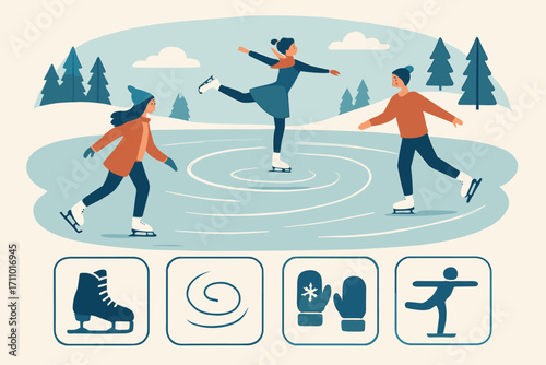 Skaters on Frozen Pond. Creative vector layout with skaters on frozen pond and ice sport icon set for skates, spin trace, mittens