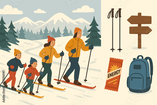 Family Cross-Country Skiing. Scene illustration showing family cross-country skiing and endurance icon set for ski poles, trail