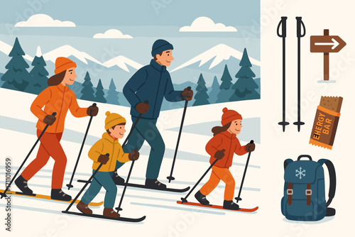 Family Cross-Country Skiing. Scene illustration showing family cross-country skiing and endurance icon set for ski poles, trail