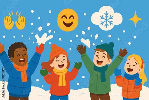Joyful Snowy Celebration. Bright banner portraying kids tossing snow in air and cheer icon set for hands up, giggle face, flake