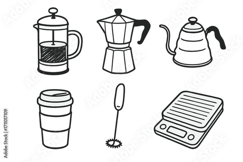Coffee Accessories Doodles. Coffee accessories: hand drawn doodles of French press, moka pot, gooseneck kettle, reusable cup, milk