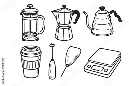 Coffee Accessories Doodles. Coffee accessories: hand drawn doodles of French press, moka pot, gooseneck kettle, reusable cup, milk