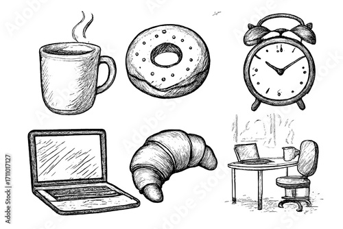 Cozy Coffee Break Icons. Coffee break time: hand drawn icons of steaming mug, donut, alarm clock, laptop, croissant, and relaxed