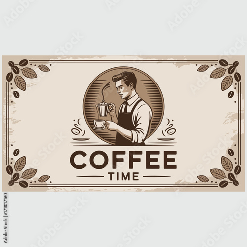 Vintage man barista pouring coffee from a pot into a cup with coffee beans and leaves border time