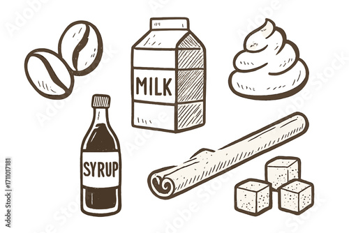 Coffee Ingredients Doodles. Coffee ingredients: hand drawn doodles of coffee beans, milk carton, whipped cream, flavored syrup