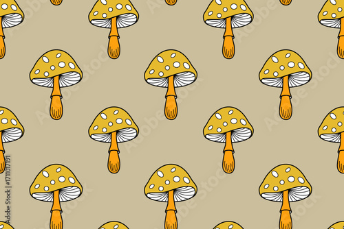 Seamless pattern with cute red mushrooms from fall forest. Hand drawn autumn background with amanita, fungi with yellow cap with white dots. Magic woodland pattern with mushrooms, vector illustration
