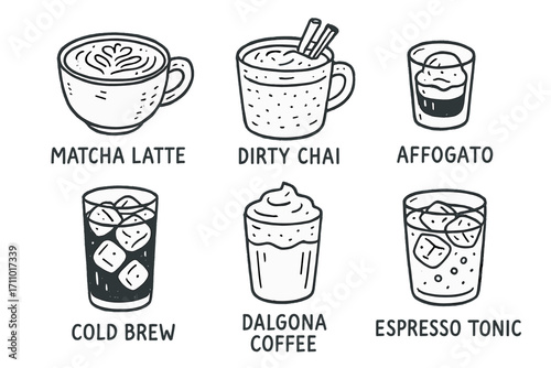 Specialty Drink Doodles. Specialty drinks: hand drawn doodles of matcha latte, dirty chai, affogato, cold brew, dalgona coffee,