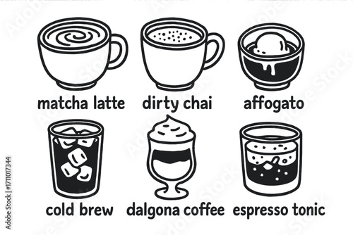 Specialty Drink Doodles. Specialty drinks: hand drawn doodles of matcha latte, dirty chai, affogato, cold brew, dalgona coffee,